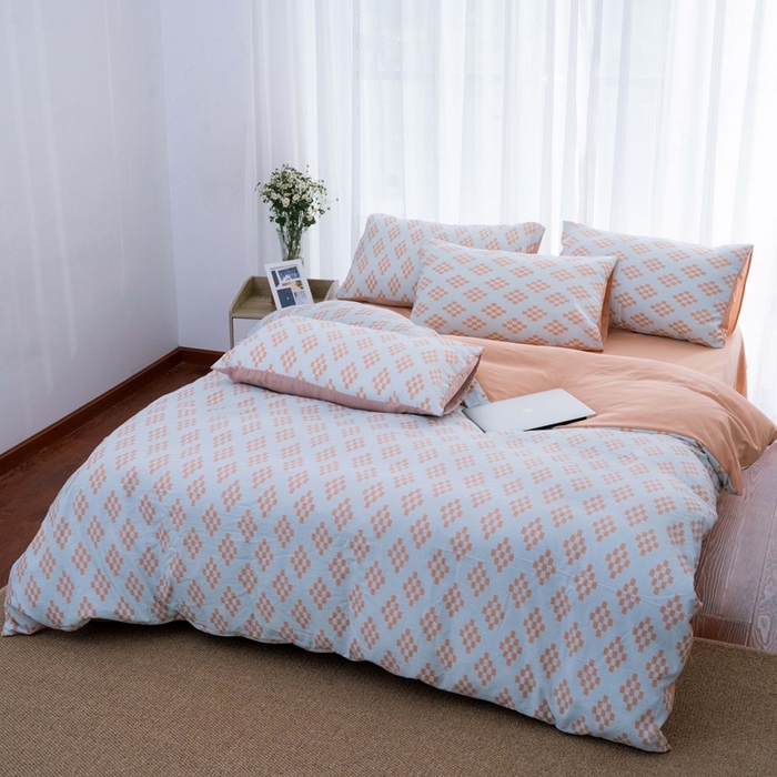 91家纺网 家纺一手货源 找家纺 畅畅家纺2023新款a类双层纱水洗棉麻四件套（可卖单品） 长方格