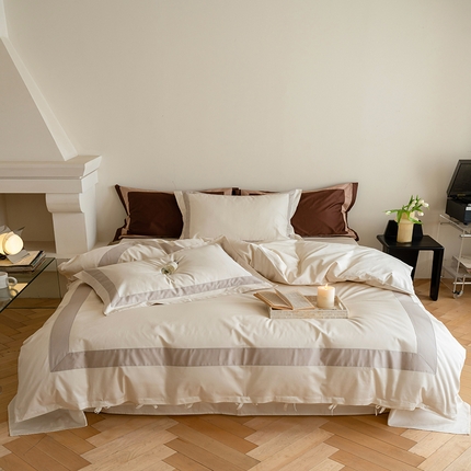 91家纺网 家纺一手货源 找家纺 华超针织 2023新款100支贡缎贴边四件套 奶昔