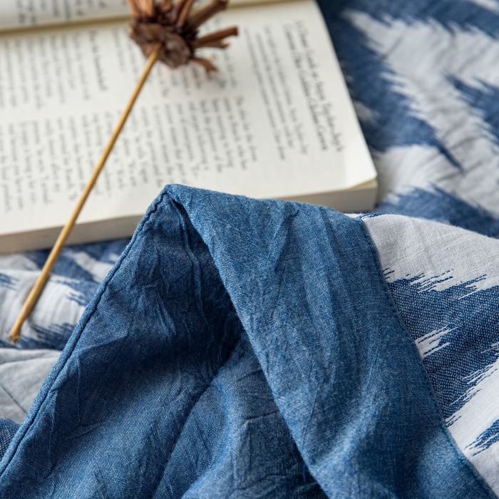 91家纺网 家纺一手货源 找家纺 安莱生活 2023新款双层纱复古大提花系列海澜夏被及夏被四件套 海澜蓝