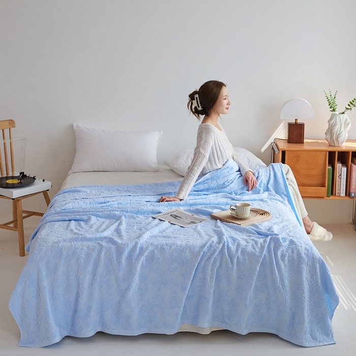 91家纺网 家纺一手货源 找家纺 乐家毛巾被 2023新款欧雅老式毛巾被 欧雅浅蓝