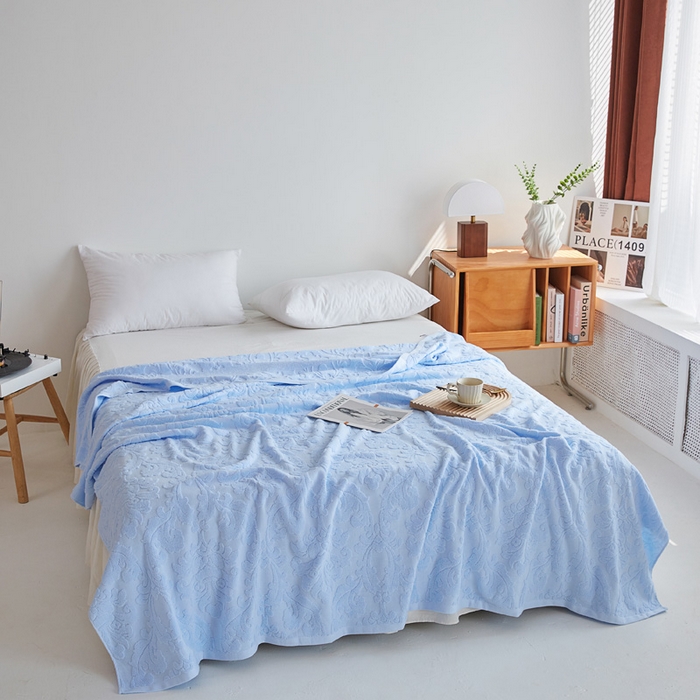 91家纺网 家纺一手货源 找家纺 乐家毛巾被 2023新款欧雅老式毛巾被 欧雅浅蓝