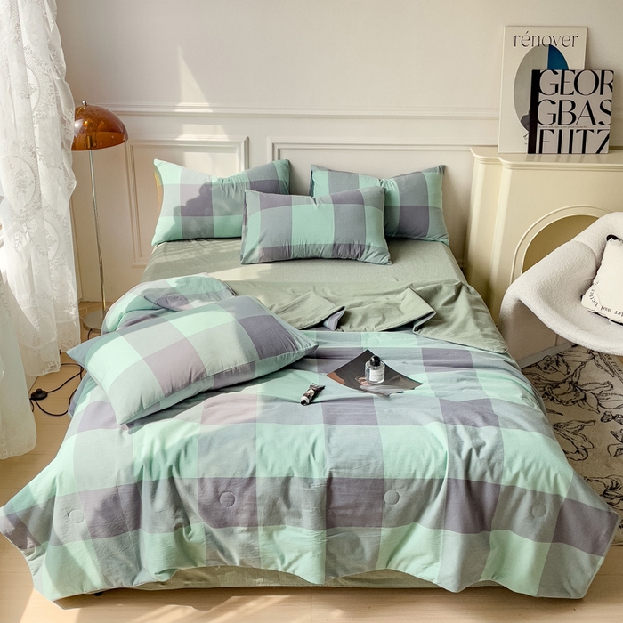 91家纺网 家纺一手货源 找家纺 久典 2023新款多功能被套（夏被）四件套 烟绿大格