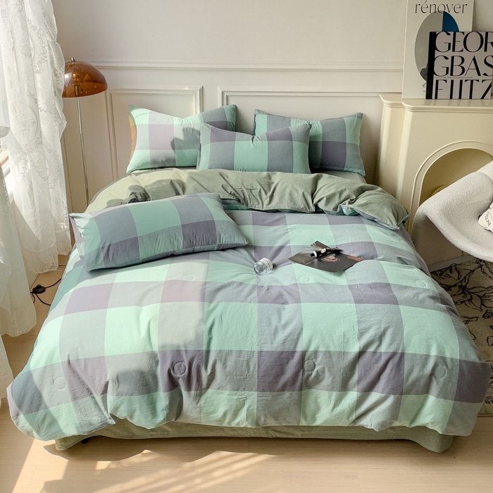 91家纺网 家纺一手货源 找家纺 久典 2023新款多功能被套（夏被）四件套 烟绿大格