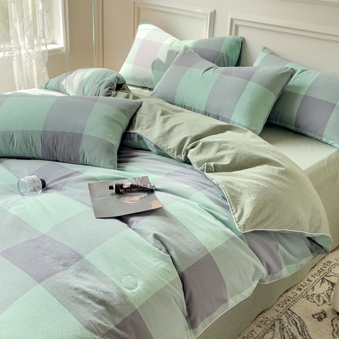 91家纺网 家纺一手货源 找家纺 久典 2023新款多功能被套（夏被）四件套 烟绿大格