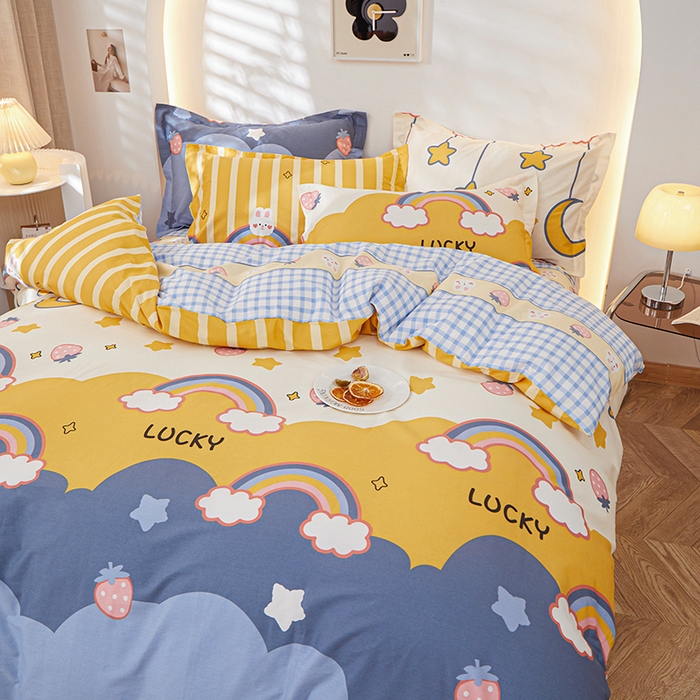 91家纺网 家纺一手货源 找家纺 钰伶 2025新款全棉13372印花纯棉床单床笠款四件套 幸运彩虹