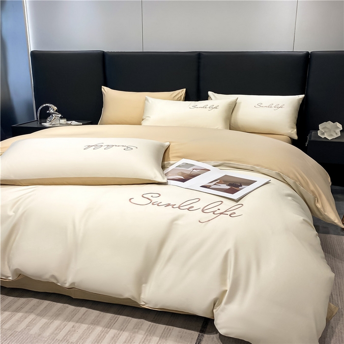 91家纺网 家纺一手货源 找家纺 古吉梦 2023新款S洛卡棉双拼四件套 S标-奶白+浅香槟