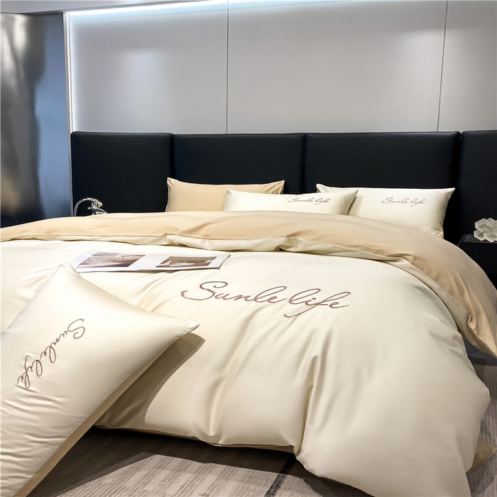 91家纺网 家纺一手货源 找家纺 古吉梦 2023新款S洛卡棉双拼四件套 S标-奶白+浅香槟