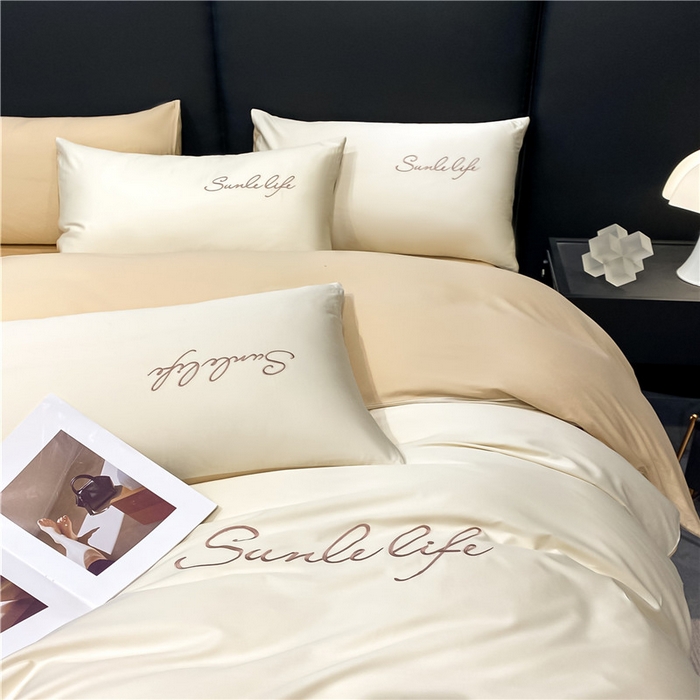 91家纺网 家纺一手货源 找家纺 古吉梦 2023新款S洛卡棉双拼四件套 S标-奶白+浅香槟