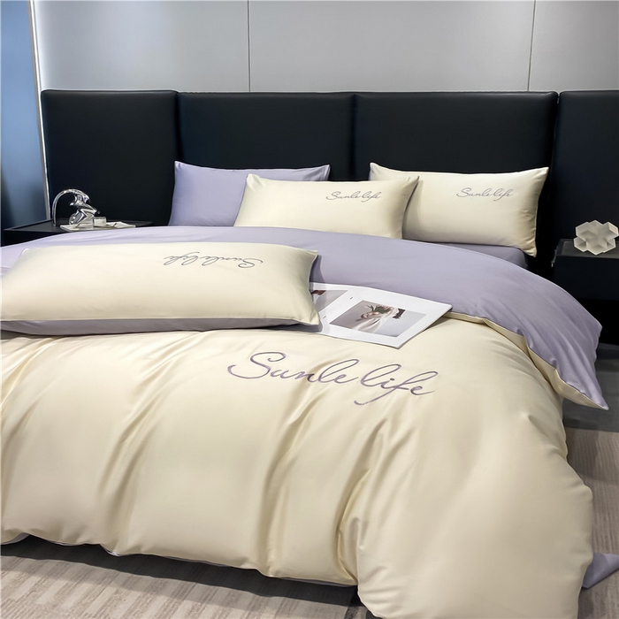 91家纺网 家纺一手货源 找家纺 古吉梦 2023新款S洛卡棉双拼四件套 S标-奶白+紫语