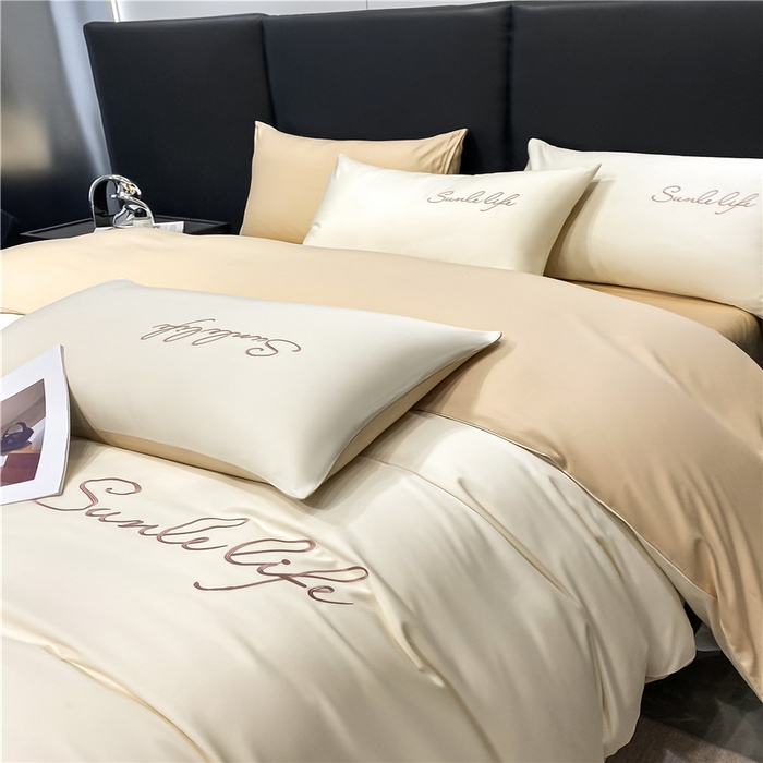 91家纺网 家纺一手货源 找家纺 古吉梦 2023新款S洛卡棉双拼四件套 S标-奶白+浅香槟