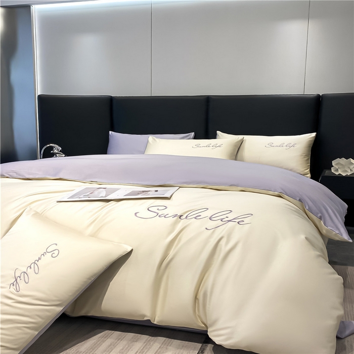 91家纺网 家纺一手货源 找家纺 古吉梦 2023新款S洛卡棉双拼四件套 S标-奶白+紫语