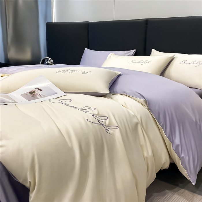 91家纺网 家纺一手货源 找家纺 古吉梦 2023新款S洛卡棉双拼四件套 S标-奶白+紫语