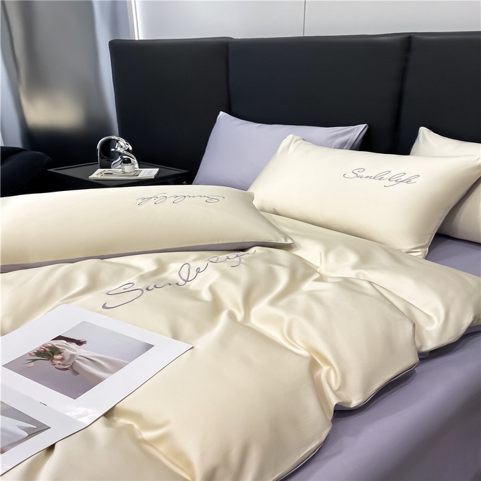 91家纺网 家纺一手货源 找家纺 古吉梦 2023新款S洛卡棉双拼四件套 S标-奶白+紫语