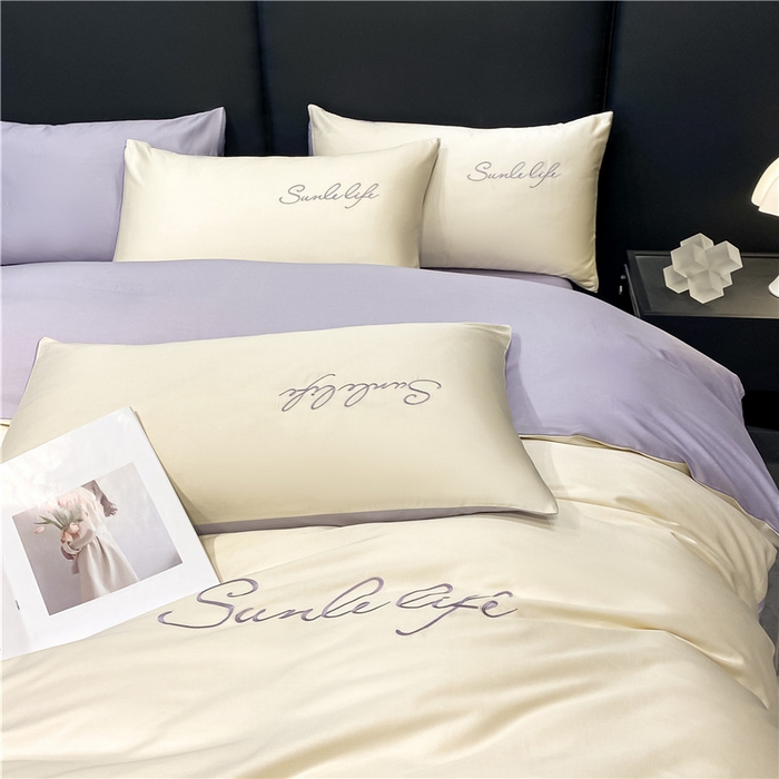 91家纺网 家纺一手货源 找家纺 古吉梦 2023新款S洛卡棉双拼四件套 S标-奶白+紫语