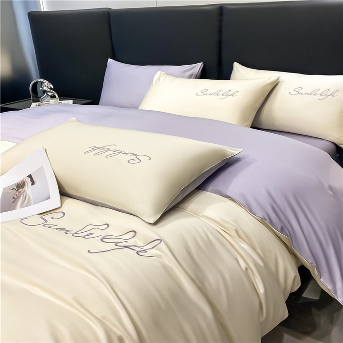 91家纺网 家纺一手货源 找家纺 古吉梦 2023新款S洛卡棉双拼四件套 S标-奶白+紫语