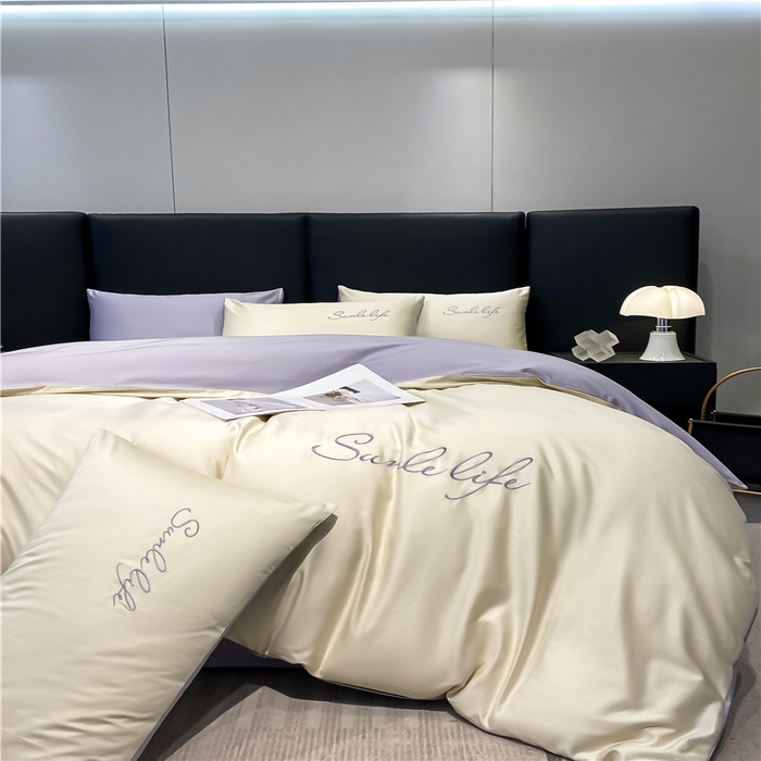 91家纺网 家纺一手货源 找家纺 古吉梦 2023新款S洛卡棉双拼四件套 S标-奶白+紫语