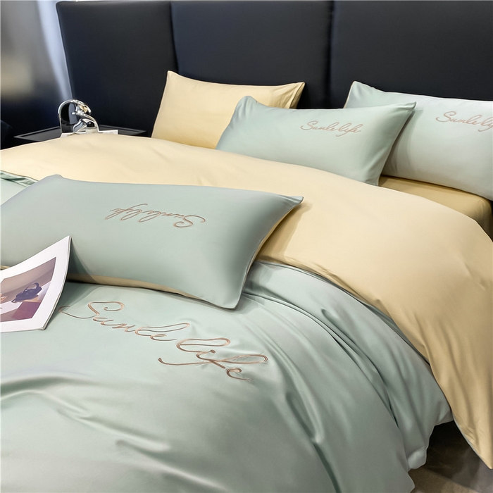 91家纺网 家纺一手货源 找家纺 古吉梦 2023新款S洛卡棉双拼四件套 S标-梵星蓝+浅香槟
