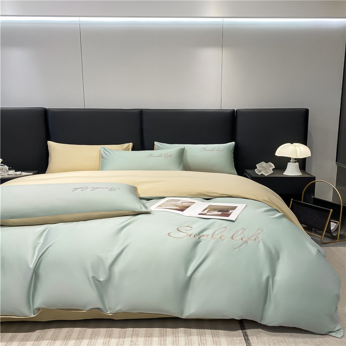 91家纺网 家纺一手货源 找家纺 古吉梦 2023新款S洛卡棉双拼四件套 S标-梵星蓝+浅香槟