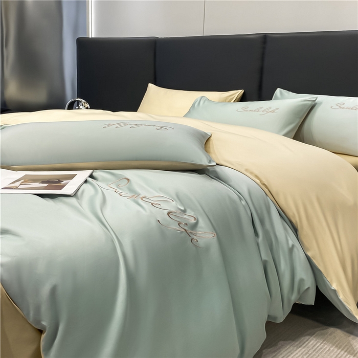 91家纺网 家纺一手货源 找家纺 古吉梦 2023新款S洛卡棉双拼四件套 S标-梵星蓝+浅香槟