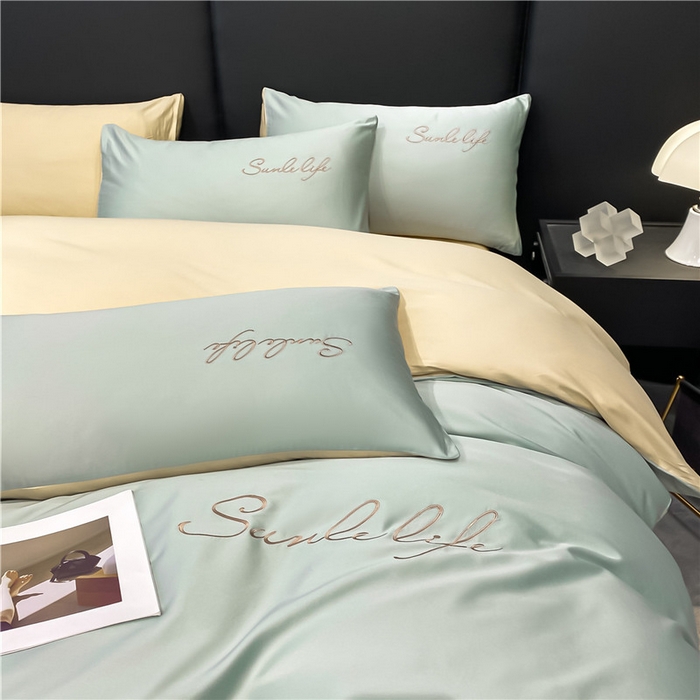 91家纺网 家纺一手货源 找家纺 古吉梦 2023新款S洛卡棉双拼四件套 S标-梵星蓝+浅香槟