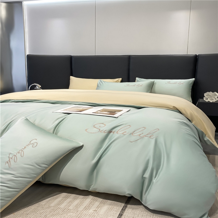 91家纺网 家纺一手货源 找家纺 古吉梦 2023新款S洛卡棉双拼四件套 S标-梵星蓝+浅香槟