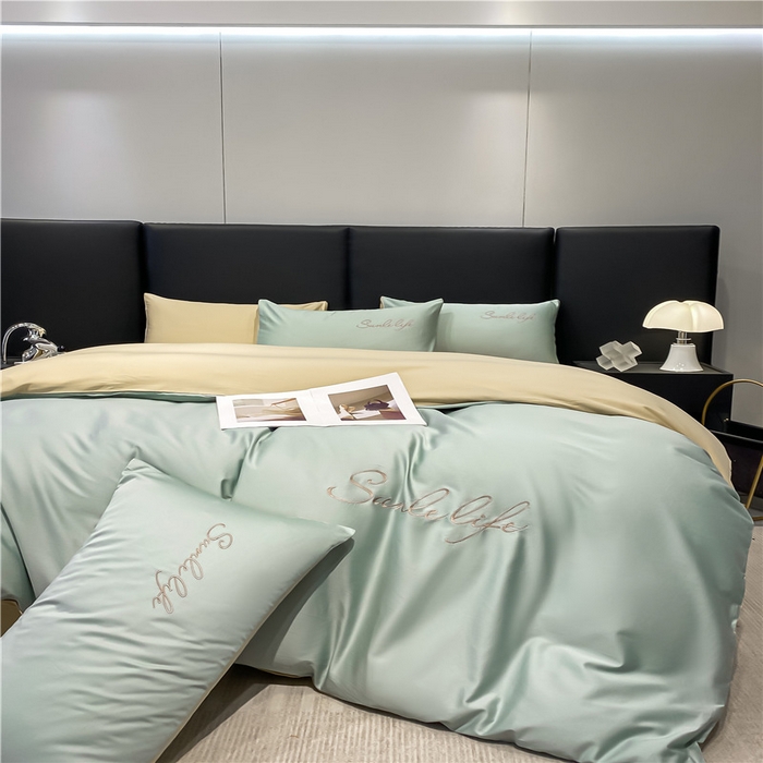 91家纺网 家纺一手货源 找家纺 古吉梦 2023新款S洛卡棉双拼四件套 S标-梵星蓝+浅香槟