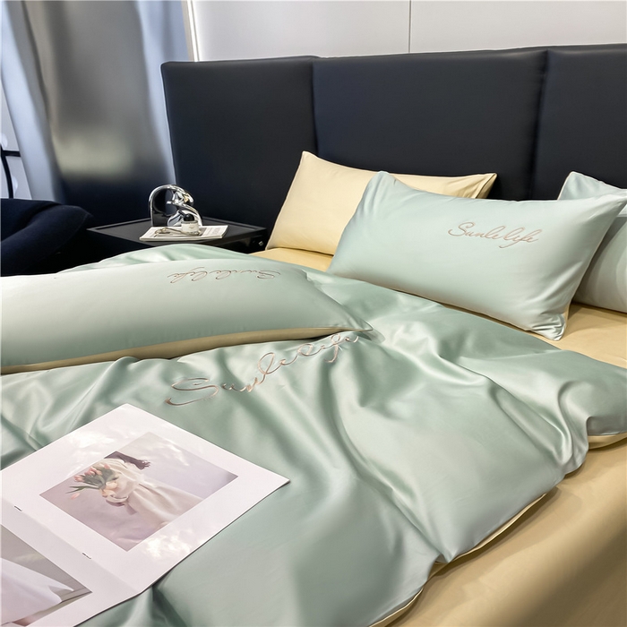 91家纺网 家纺一手货源 找家纺 古吉梦 2023新款S洛卡棉双拼四件套 S标-梵星蓝+浅香槟