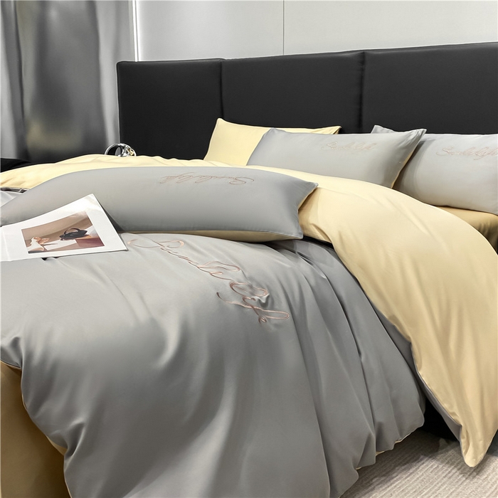 91家纺网 家纺一手货源 找家纺 古吉梦 2023新款S洛卡棉双拼四件套 S标-浅灰+浅香槟