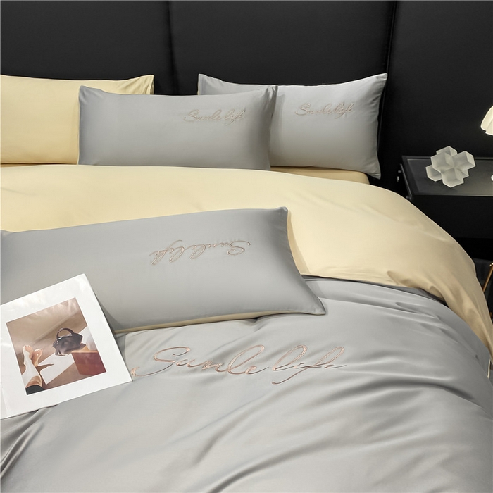 91家纺网 家纺一手货源 找家纺 古吉梦 2023新款S洛卡棉双拼四件套 S标-浅灰+浅香槟