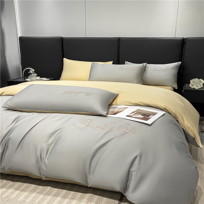 91家纺网 家纺一手货源 找家纺 古吉梦 2023新款S洛卡棉双拼四件套 S标-浅灰+浅香槟