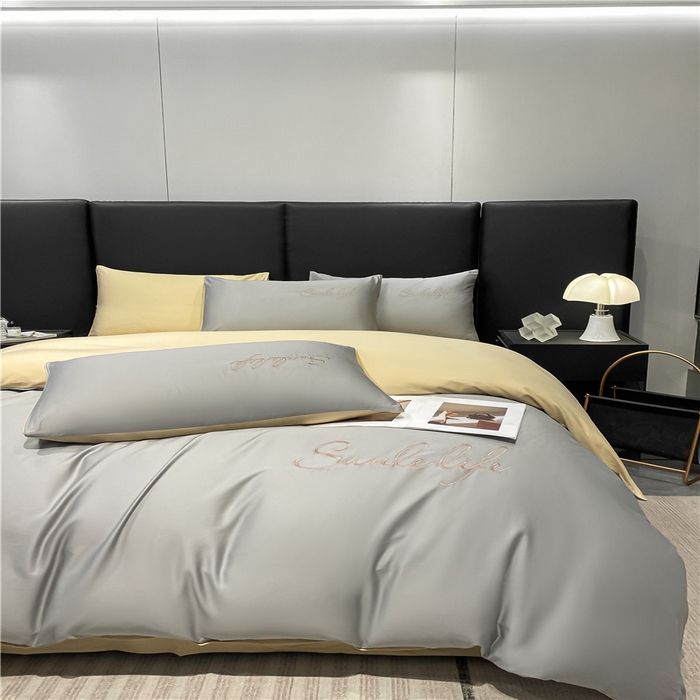 91家纺网 家纺一手货源 找家纺 古吉梦 2023新款S洛卡棉双拼四件套 S标-浅灰+浅香槟