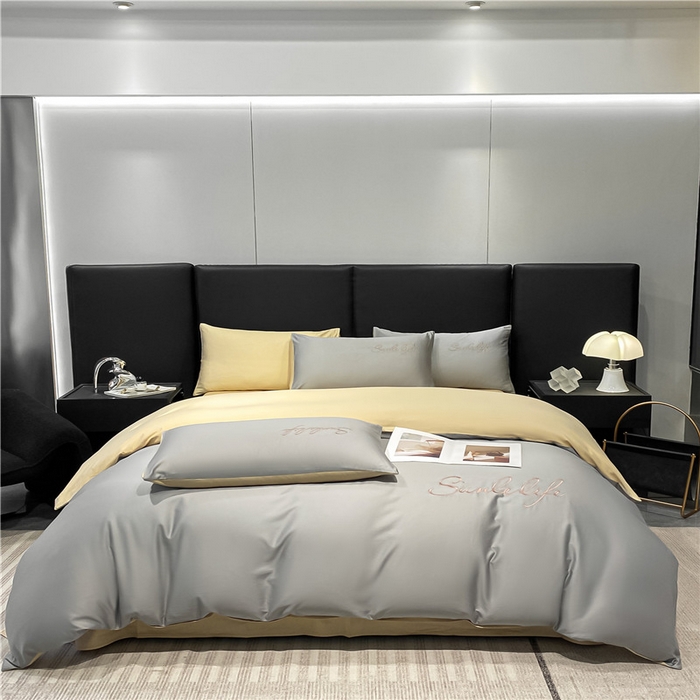 91家纺网 家纺一手货源 找家纺 古吉梦 2023新款S洛卡棉双拼四件套 S标-浅灰+浅香槟