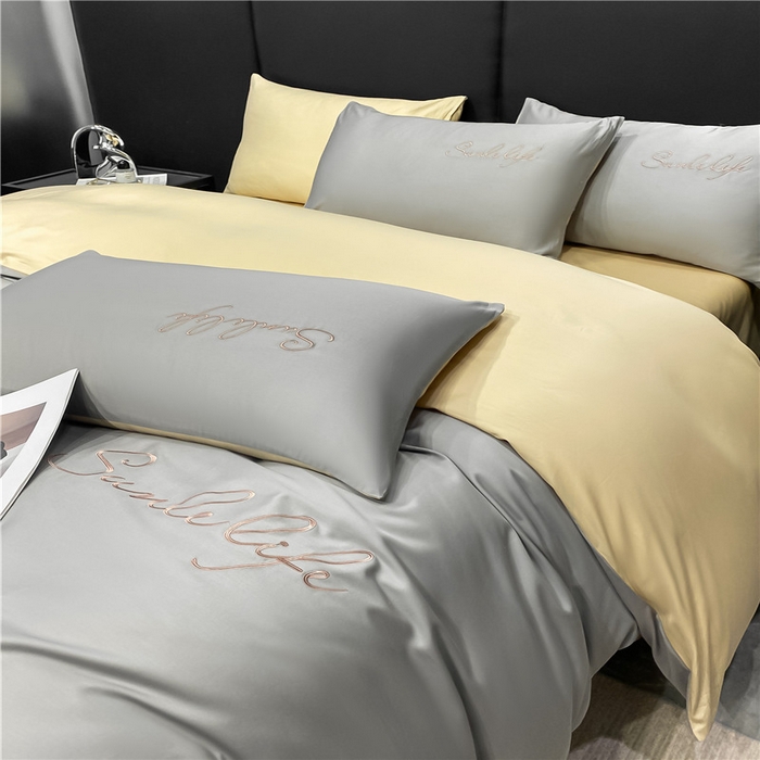 91家纺网 家纺一手货源 找家纺 古吉梦 2023新款S洛卡棉双拼四件套 S标-浅灰+浅香槟