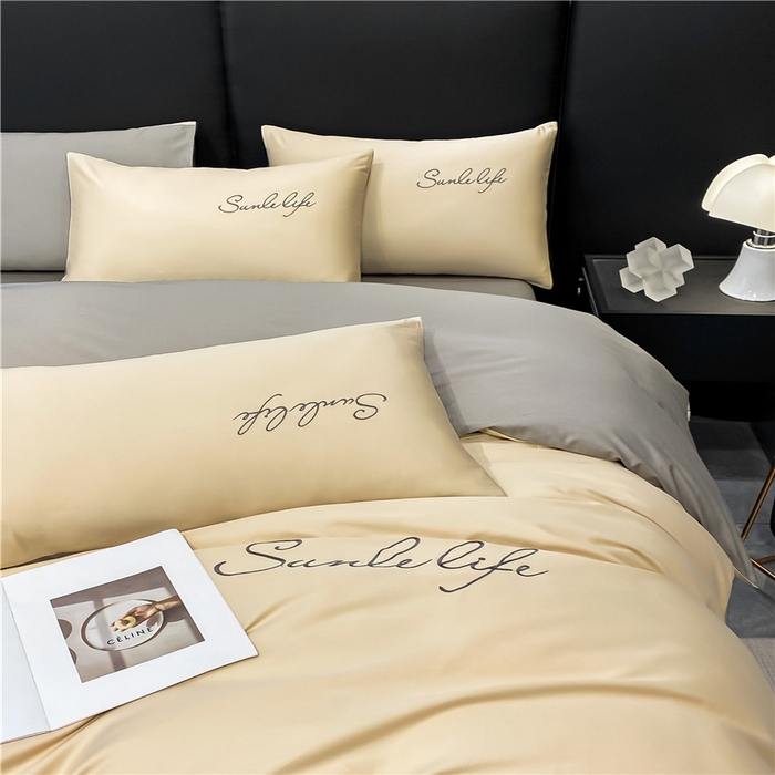 91家纺网 家纺一手货源 找家纺 古吉梦 2023新款S洛卡棉双拼四件套 S标-浅香槟+流光灰-