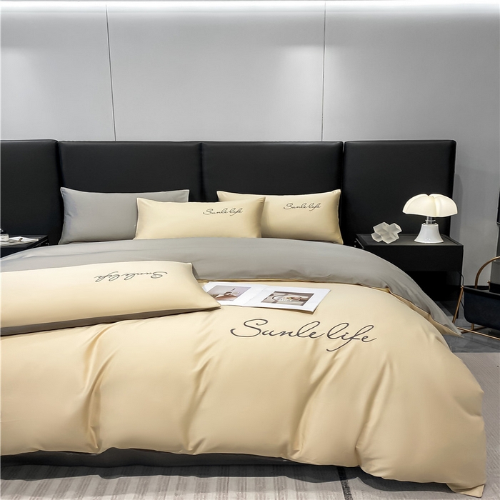 91家纺网 家纺一手货源 找家纺 古吉梦 2023新款S洛卡棉双拼四件套 S标-浅香槟+流光灰-