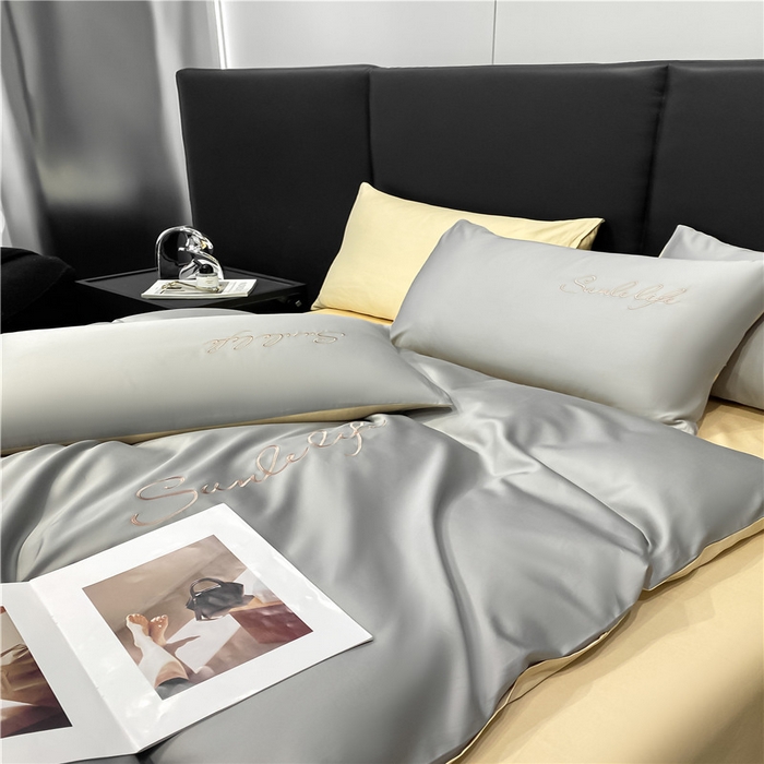 91家纺网 家纺一手货源 找家纺 古吉梦 2023新款S洛卡棉双拼四件套 S标-浅灰+浅香槟