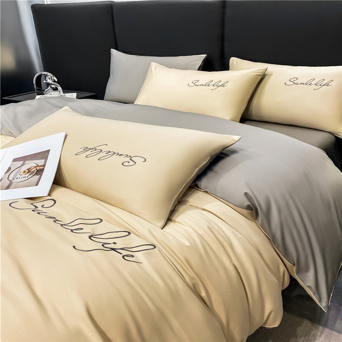 91家纺网 家纺一手货源 找家纺 古吉梦 2023新款S洛卡棉双拼四件套 S标-浅香槟+流光灰-