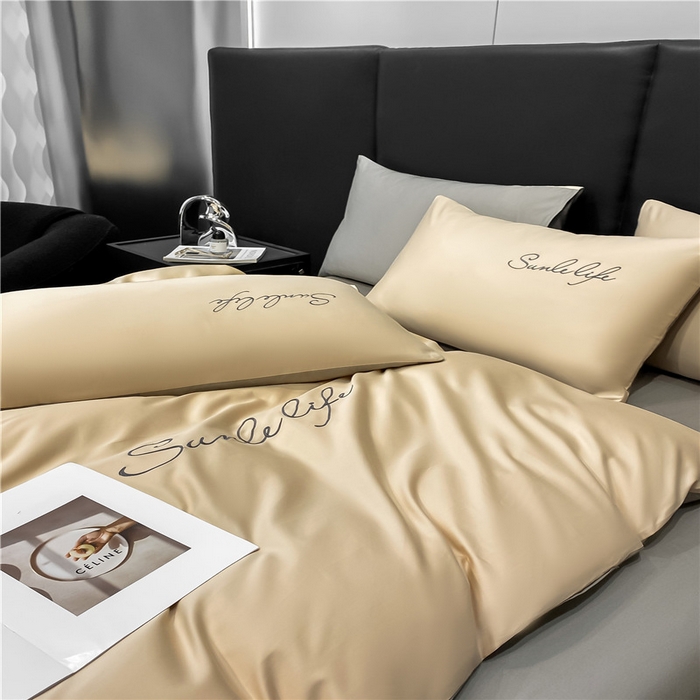 91家纺网 家纺一手货源 找家纺 古吉梦 2023新款S洛卡棉双拼四件套 S标-浅香槟+流光灰-