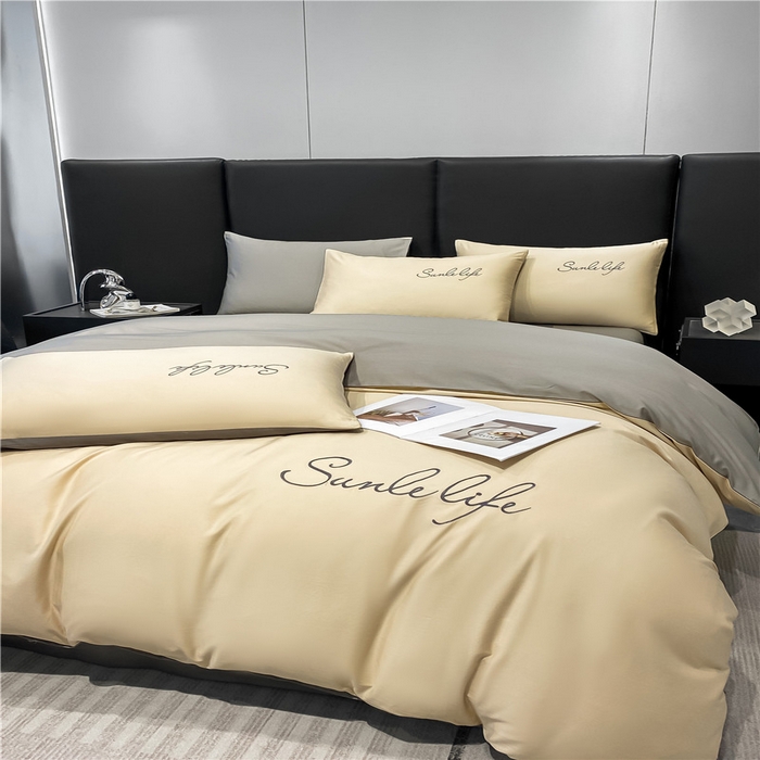 91家纺网 家纺一手货源 找家纺 古吉梦 2023新款S洛卡棉双拼四件套 S标-浅香槟+流光灰-