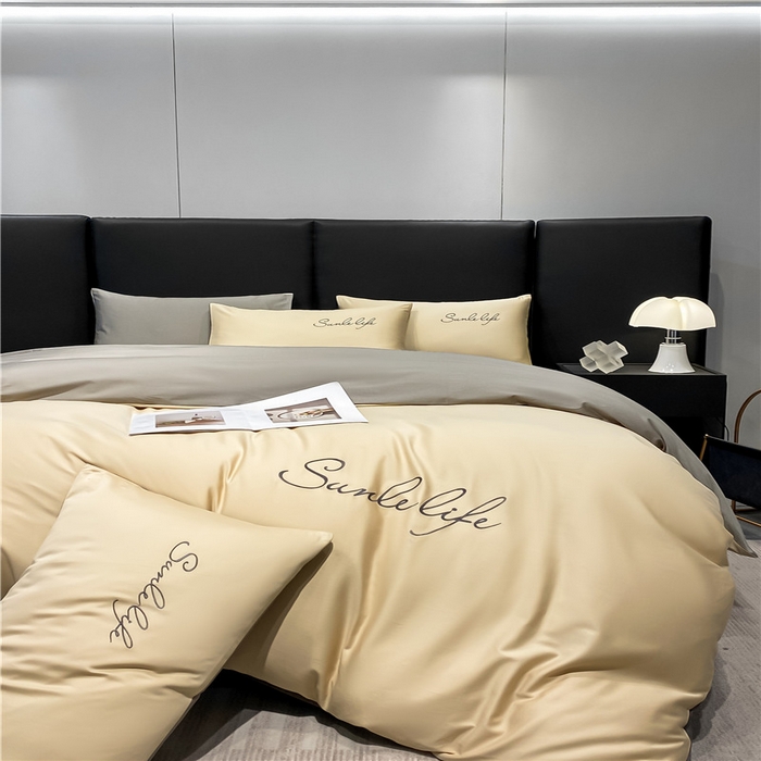 91家纺网 家纺一手货源 找家纺 古吉梦 2023新款S洛卡棉双拼四件套 S标-浅香槟+流光灰-