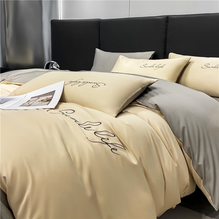 91家纺网 家纺一手货源 找家纺 古吉梦 2023新款S洛卡棉双拼四件套 S标-浅香槟+流光灰-