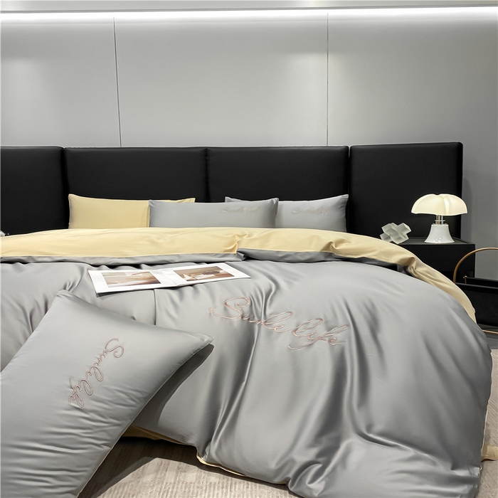 91家纺网 家纺一手货源 找家纺 古吉梦 2023新款S洛卡棉双拼四件套 S标-浅灰+浅香槟