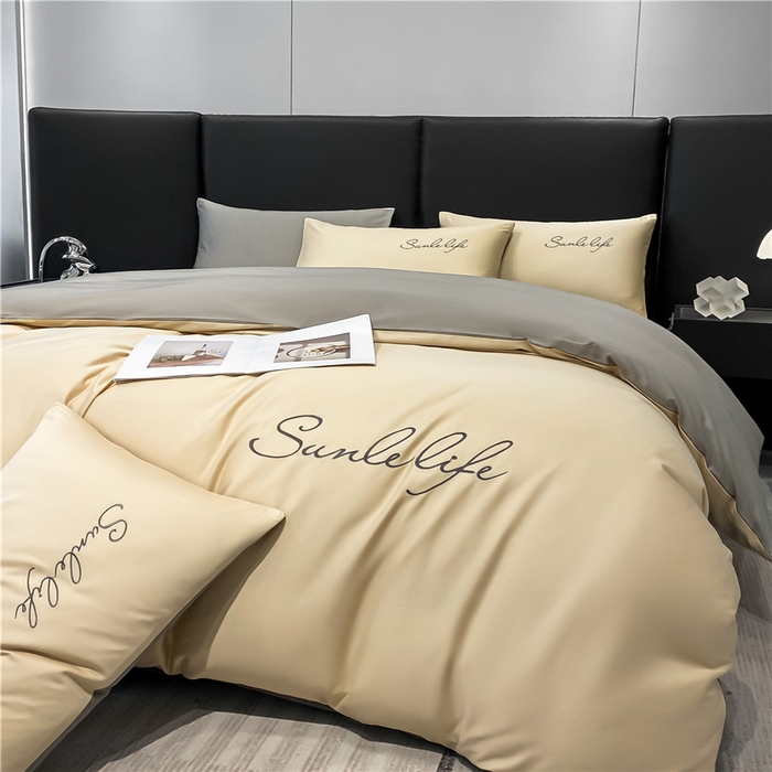 91家纺网 家纺一手货源 找家纺 古吉梦 2023新款S洛卡棉双拼四件套 S标-浅香槟+流光灰-