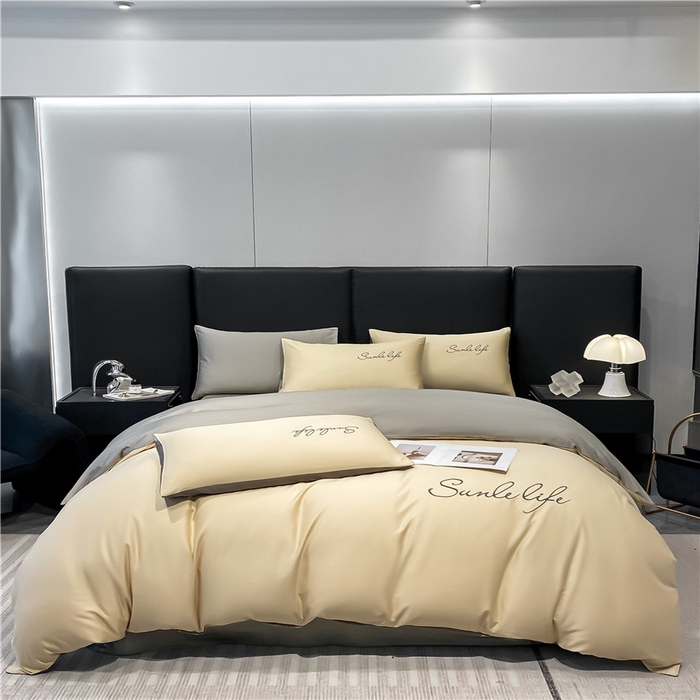 91家纺网 家纺一手货源 找家纺 古吉梦 2023新款S洛卡棉双拼四件套 S标-浅香槟+流光灰-