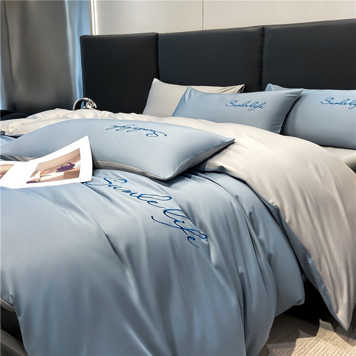 91家纺网 家纺一手货源 找家纺 古吉梦 2023新款S洛卡棉双拼四件套 S标-海青+浅灰