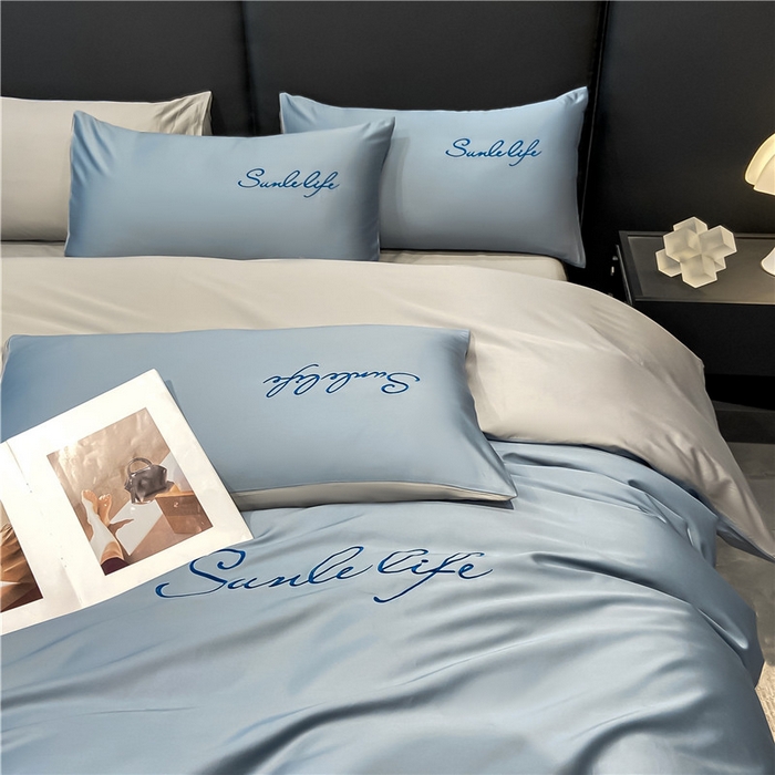 91家纺网 家纺一手货源 找家纺 古吉梦 2023新款S洛卡棉双拼四件套 S标-海青+浅灰