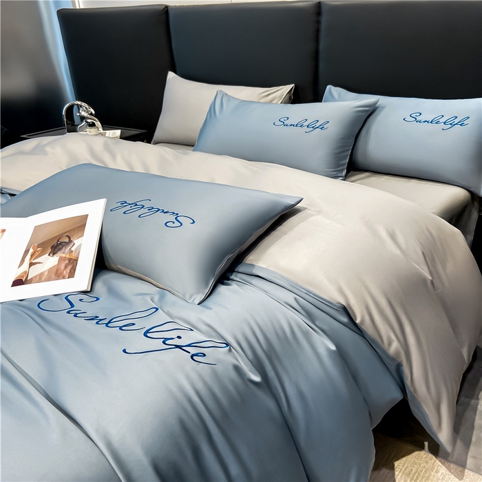 91家纺网 家纺一手货源 找家纺 古吉梦 2023新款S洛卡棉双拼四件套 S标-海青+浅灰