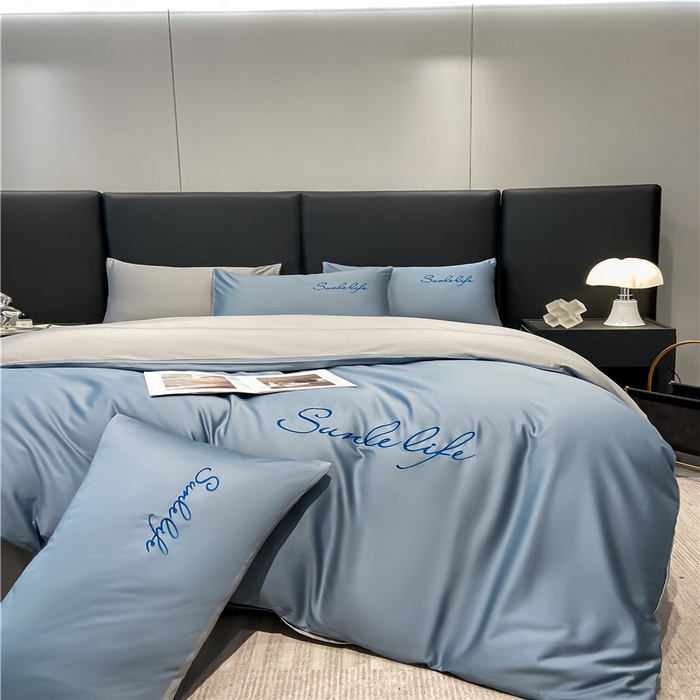 91家纺网 家纺一手货源 找家纺 古吉梦 2023新款S洛卡棉双拼四件套 S标-海青+浅灰