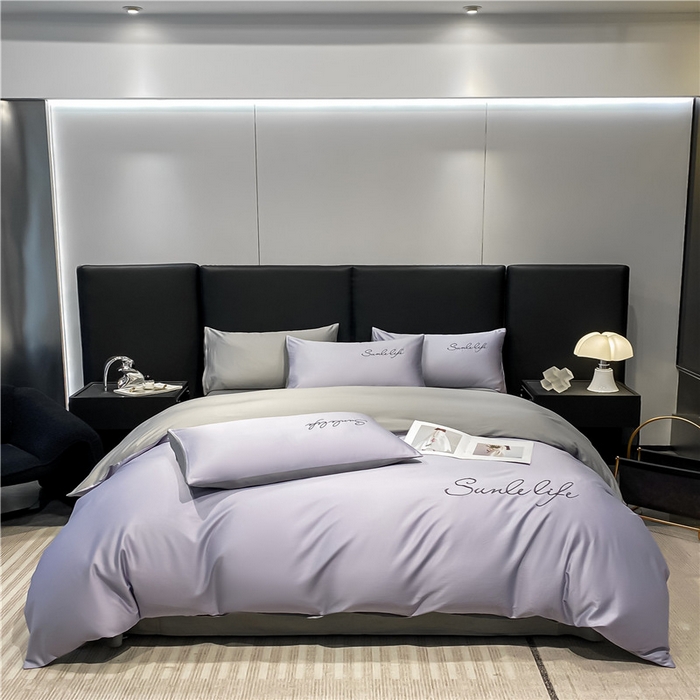 91家纺网 家纺一手货源 找家纺 古吉梦 2023新款S洛卡棉双拼四件套 S标-紫语+浅灰