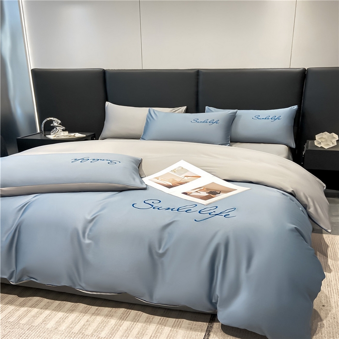 91家纺网 家纺一手货源 找家纺 古吉梦 2023新款S洛卡棉双拼四件套 S标-海青+浅灰